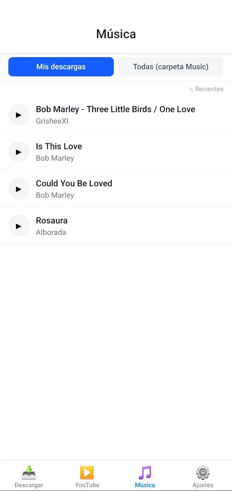 The Música tab in "Mis descargas" mode, listing downloaded tracks with a play button next to each