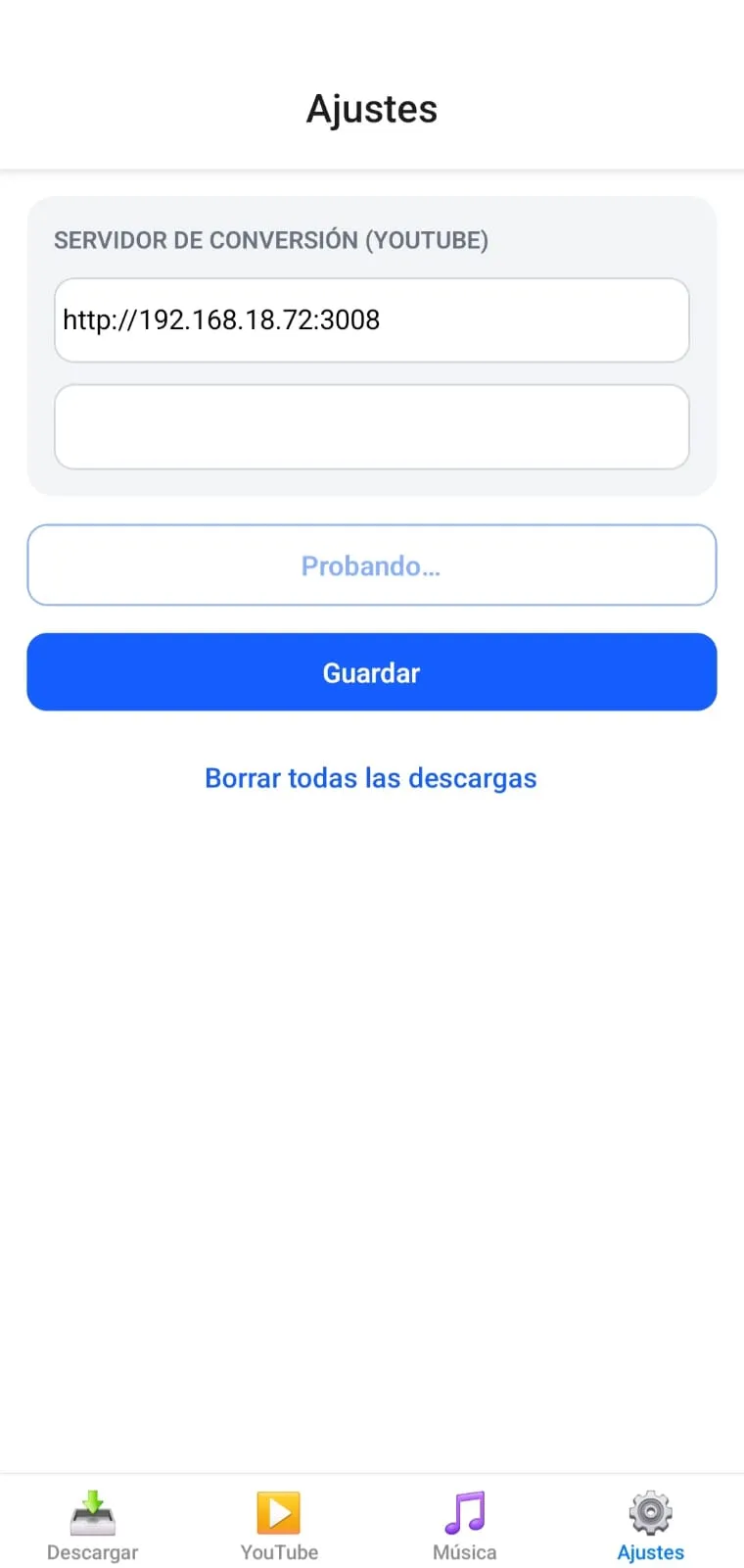 The Ajustes screen with the conversion server URL filled in and a "Probando…" connection test in progress