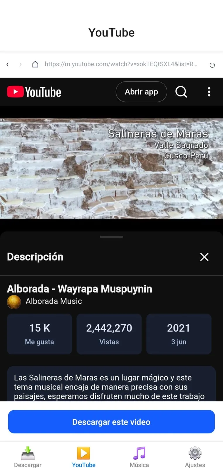 The in-app YouTube browser, showing a video page with the custom "Descargar este video" button pinned below it